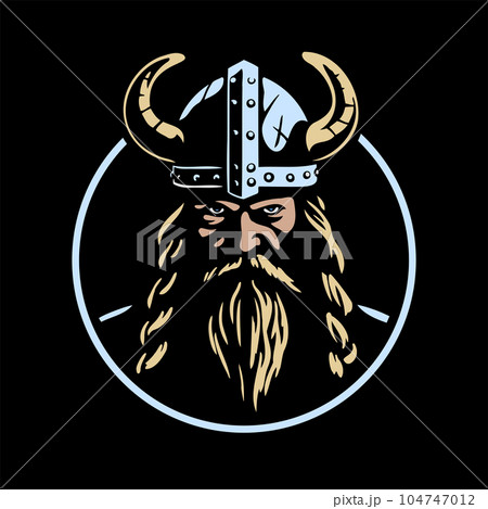 Viking warrior in a helmet with horns on a dark background. Vector illustration. Viking warrior in a helmet with horns on a dark background. Vector illustration. 104747012