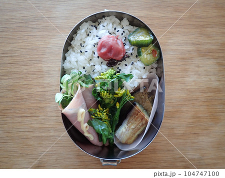 カイワレハム巻き、茄子の煮浸し、菜の花のお浸しのお弁当 104747100