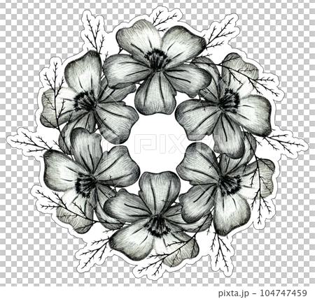 Black and White Hand Drawn Marigold Flower Round Composition. Black and White Hand Drawn Marigold Flower Round Composition. 104747459