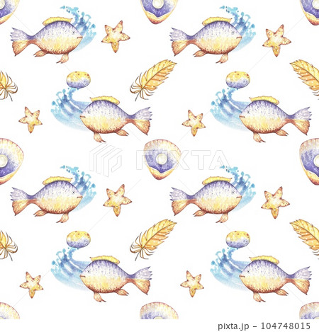 Watercolor ocean seamless pattern with fishes, in blue and yellow colors 104748015