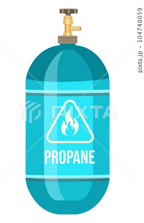 Blue gas cylinder with regulator, compressed gas propane with regulator, warning sign, flammable 104748059