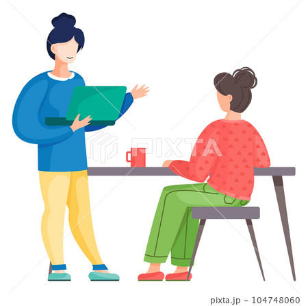 Women communicate at work. Workflow discussion of issues. Female character business consultation 104748060