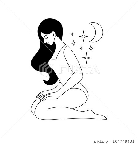 Line woman body. Outline girl sitting, Moon and stars. Silhouette in simple trendy style. Beauty and fashion poster, card or cover. Contemporary minimal art. Vector monochrome isolated illustration 104749431