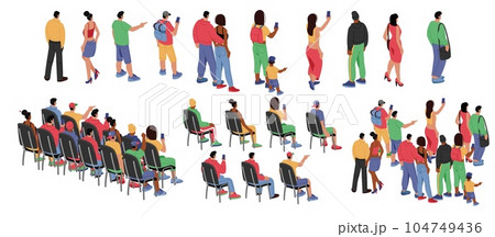 Audience back view. People crowd. Event in class. Persons sitting on chairs behind on concert. Cheering characters. Lecture spectators in auditorium. Students group. Vector illustration elements set 104749436