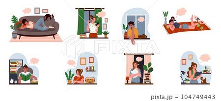 Dreaming people. Men and women at work and home think, relax person in rest dream, thoughtful daydreaming character. Girl and boy. Imagination and inspiration, vector tidy cartoon flat illustration 104749443
