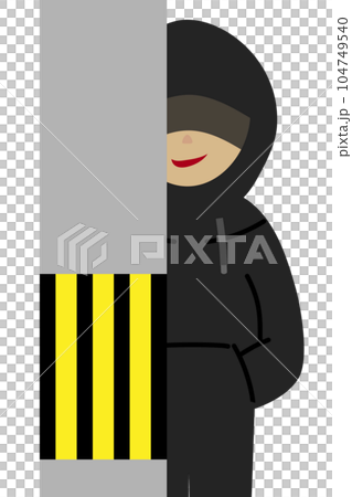 電信柱に隠れて様子を伺う全身黒ずくめの怪しい人物。犯罪者のイメージ。 104749540