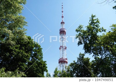 Kiev Ukraine June 9, 2021: Construction - Kiev TV tower in the city of Kiev 104749851