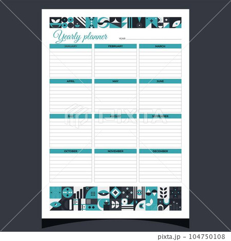 Yearly planner geometric. Yearly planner printable template with geometric shapes. Blank white notebook page A4. Vector illustration. 104750108