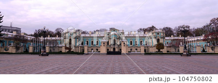 Kiev, Ukraine November 1, 2019: The Mariinsky Palace after reconstruction is a monument of tsarism in Kiev Kiev, Ukraine November 1, 2019: The Mariinsky Palace after reconstruction is a monument of tsarism in Kiev 104750802