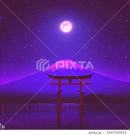 月明かりに照らされる鳥居と星空 104750955