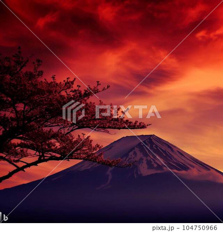 夕日に染まる桜越しの富士山 104750966