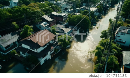 水害を受ける住宅街（AI生成） 104751188