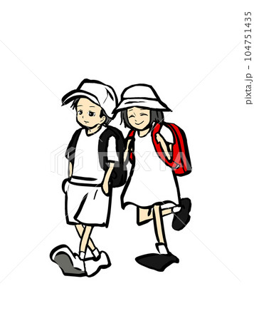 小学生の男女が歩くイラスト。子どもの登下校の様子。 104751435
