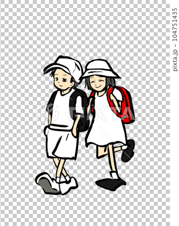 小学生の男女が歩くイラスト。子どもの登下校の様子。 104751435