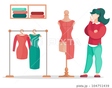 Sewing workshop, custom clothing. Fashion designer is making a model. Fashion house, textile factory Sewing workshop, custom clothing. Fashion designer is making a model. Fashion house, textile factory 104751439
