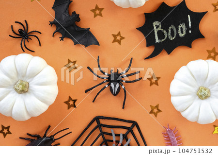 Halloween background with black bats, spiders, pumpkin and stars. Modern Holiday design. Halloween party border spinning on orange. Flat lay, top view, copy space. Thanksgiving fall trendy decoration. 104751532
