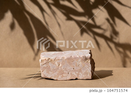 Podium with dry grass for product promotion and cosmetics display. Natural beige beauty pedestal. Background for product presentation. Cream stone podiums with shadow of leaf. Beauty product mockup 104751574