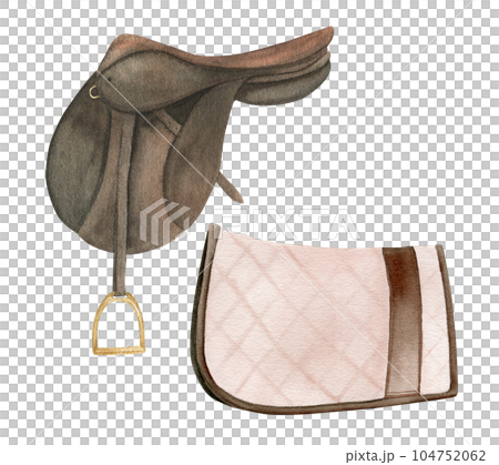 Watercolor illustration of equestrian equipment brown saddle and saddle pad, ammunition and accessories for horse riding. Isolated. 104752062