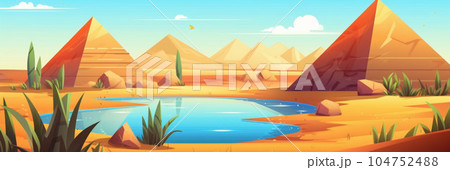 Giza plateau landscape with egyptian pharaohs pyramids complex illuminated with bright sunlight cartoon  background. Ancient historical, famous touristic attractions in african desert 104752488