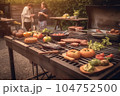 A man with a barbecue plate at a party between friends. Food, people and family time concept. 104752500