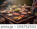 A man with a barbecue plate at a party between friends. Food, people and family time concept. 104752502
