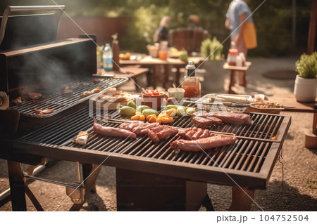 A man with a barbecue plate at a party between friends. Food, people and family time concept. 104752504