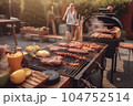 A man with a barbecue plate at a party between friends. Food, people and family time concept. 104752514