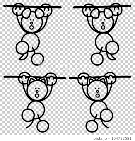 棒にぶら下がるわんまるとにゃんまるの線画セット 犬 猫 棒にぶら下がるわんまるとにゃんまるの線画セット 犬 猫 104752581