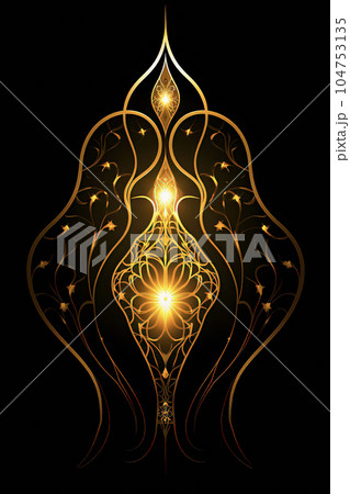 Elaborate golden metalwork ornament with glowing accents 104753135