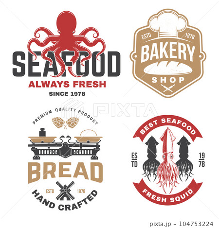 Set of Bakery and seafood badges. Vector. For emblem, sign, patch, shirt, menu restaurants with rolling pin, windmill, wheat ears, tuna, trout, shrimp, octopus crab mussels and clams. Set of Bakery and seafood badges. Vector. For emblem, sign, patch, shirt, menu restaurants with rolling pin, windmill, wheat ears, tuna, trout, shrimp, octopus crab mussels and clams. 104753224