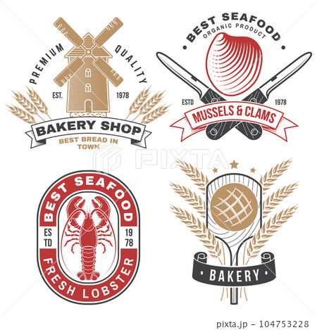 Set of Bakery and seafood badges. Vector. For emblem, sign, patch, shirt, menu restaurants with rolling pin, windmill, wheat ears, tuna, trout, shrimp, octopus crab mussels and clams. 104753228