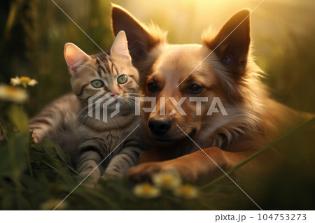 寄り添う犬と猫 104753273
