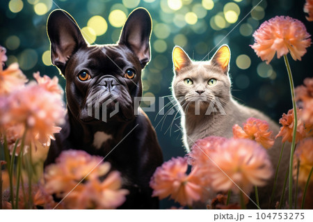 寄り添う犬と猫 104753275