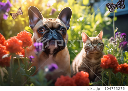 寄り添う犬と猫 104753276