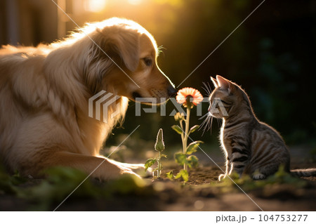 寄り添う犬と猫 104753277