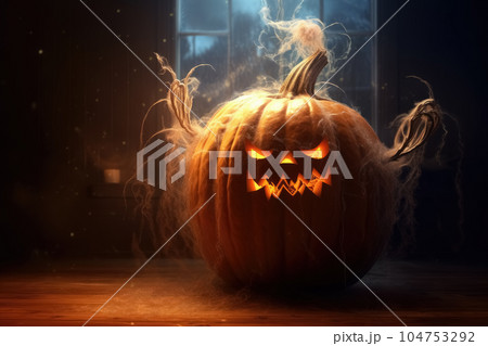 Large pumpkin and lot of small for Halloween Jack head with terrible smile carved and candle inside on dark background. Generative AI 104753292