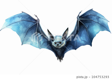 Watercolor illustration of cute black bat character, flying with wings spread, in flat contemporary style isolated on white background. Generative AI 104753293