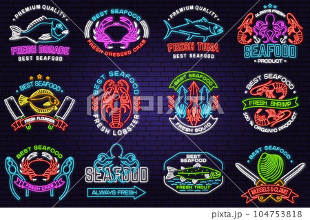 Set of best seafood neon sign. Fresh tuna, octopus, trout, shrimp, dressed crab, mussels and clams. Vector. Neon sign, bright signboard light banner with tuna, trout, shrimp, octopus crab mussels. Set of best seafood neon sign. Fresh tuna, octopus, trout, shrimp, dressed crab, mussels and clams. Vector. Neon sign, bright signboard light banner with tuna, trout, shrimp, octopus crab mussels. 104753818