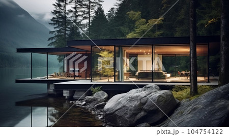 exterior of a luxury villa in a minimal style. Glass house in the mountains, photo AI 104754122