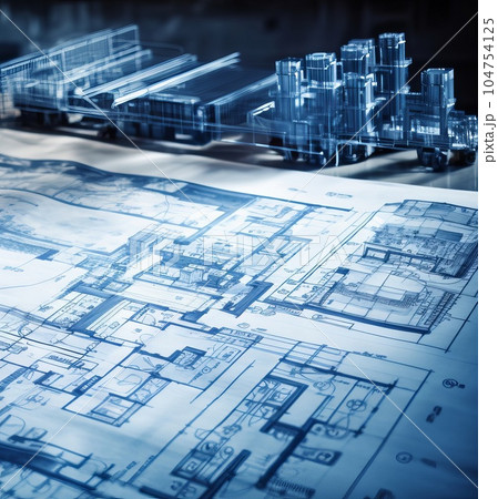 Person's engineer Hand Drawing Plan On Blue Print. AI 104754125
