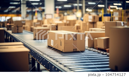 Packages delivery, packaging service and parcels, cardboard boxes on conveyor belt in warehouse, Packages delivery, packaging service and parcels, cardboard boxes on conveyor belt in warehouse, 104754127
