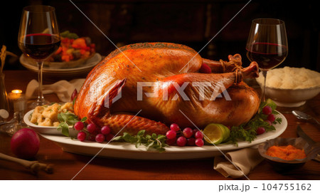 Delicious Thanksgiving Feast with Roasted Turkey. Generative AI 104755162