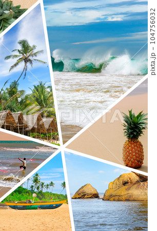 Photo collage of tropical landscapes . Vertical photo. Photo collage of tropical landscapes . Vertical photo. 104756032