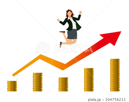 金融のイメージのフラットイラスト:お金を儲けて喜ぶ東洋系女性と右肩上がりの矢印とコインのチャート 金融のイメージのフラットイラスト:お金を儲けて喜ぶ東洋系女性と右肩上がりの矢印とコインのチャート 104756211