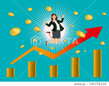 金融のイメージのフラットイラスト：お金を儲けて喜ぶ東洋系女性と右肩上がりの矢印とコインのチャート 104756220