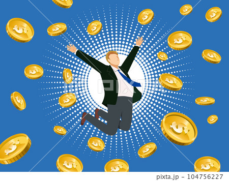 ドル高金融のイメージのフラットイラスト:ジャンプする白人ビジネスマンと爆発する通貨 ドル ドル高金融のイメージのフラットイラスト:ジャンプする白人ビジネスマンと爆発する通貨 ドル 104756227