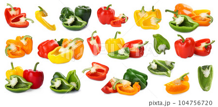 Set of different ripe bell peppers on white background 104756720