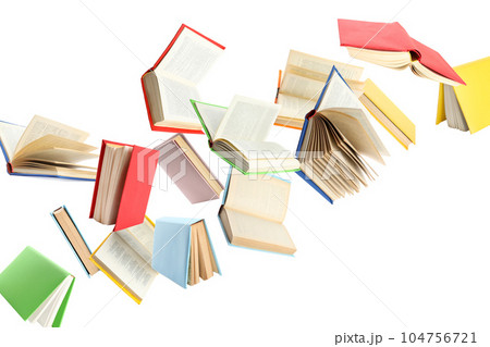 Colorful hardcover books flying on white background 104756721