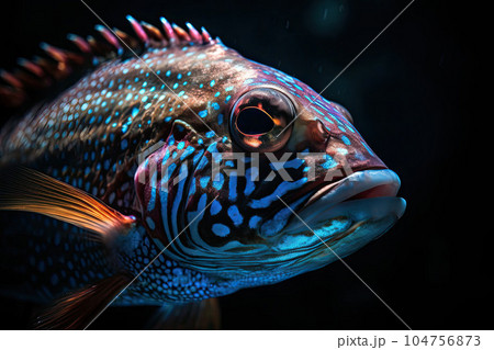 Deep-water fish at the bottom of the ocean. A scary fish with big teeth. Underwater world. Generative AI 104756873