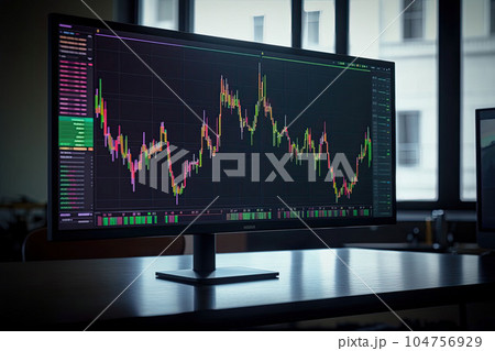 Computer monitor with crypto charts on the desk, selective focus. Generative AI 104756929